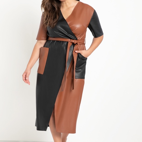 ELOQUII Black/Brown Colorblock Faux-Leather Wrap Dress w Belt - Picture 1 of 3